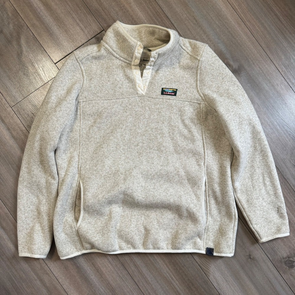 LL‎ Bean Sweater Fleece Pullover Womens XL Oatmeal Beige Snap Neck 292726